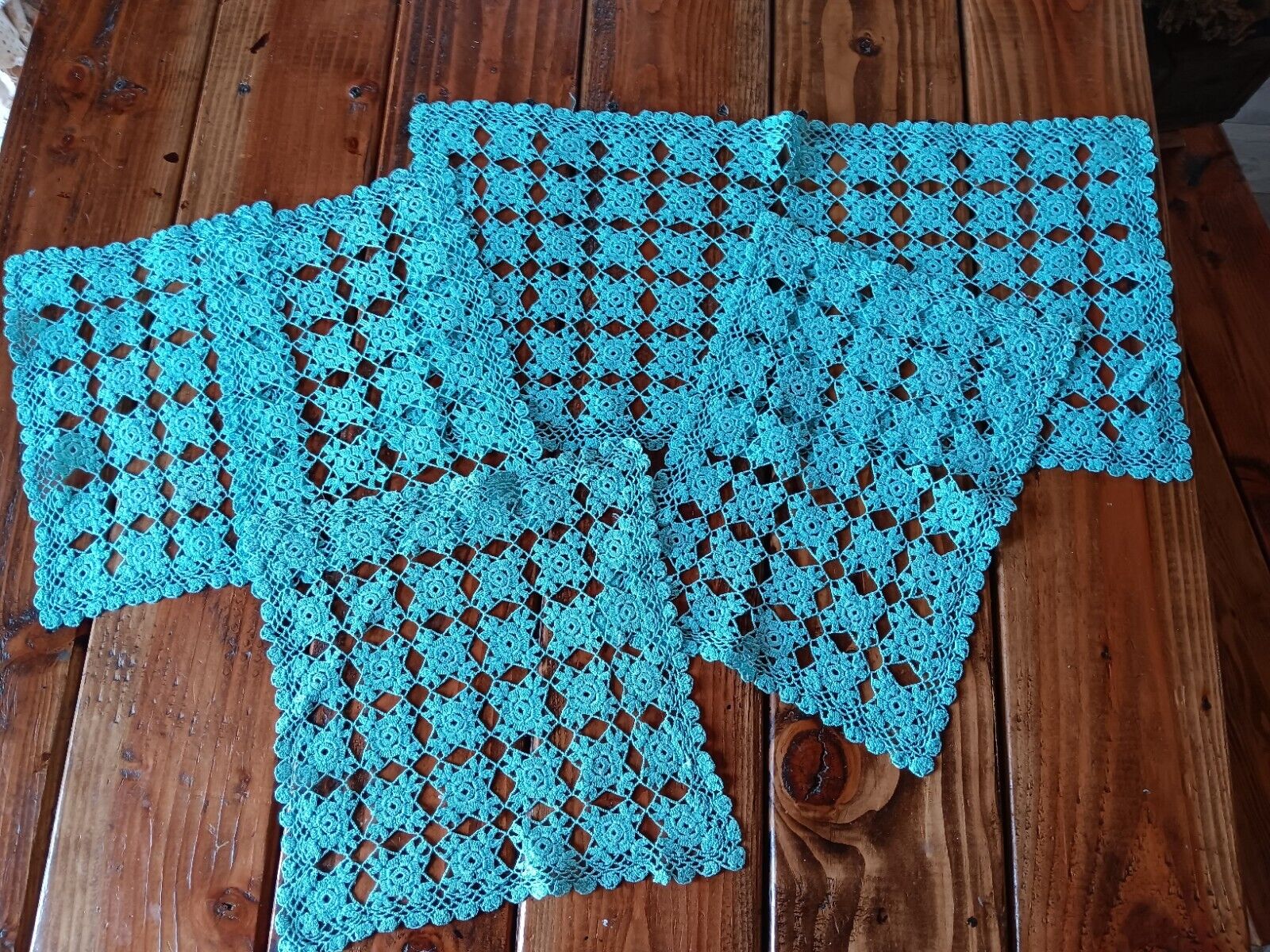 5 Vintage Teal Crochet Dollies
