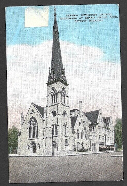 Detroit MI-Michigan, Central Methodist Church, Antique Vintage Souvenir Postcard