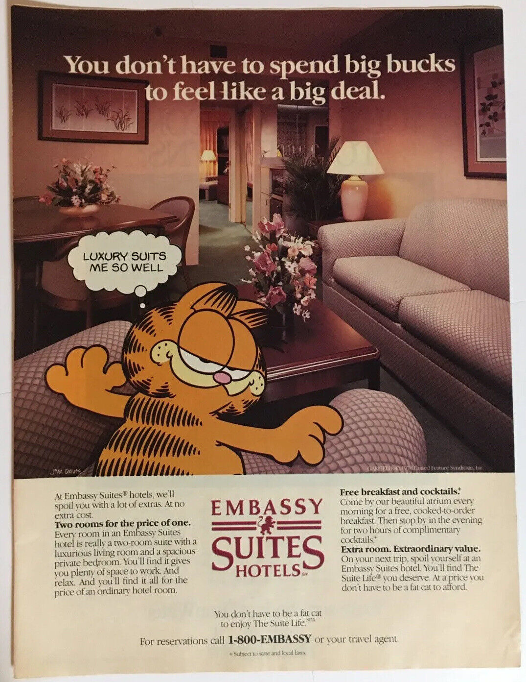 Garfield Embassy Suites 1987 Vintage Print Ad 8x11 Inches Wall Decor