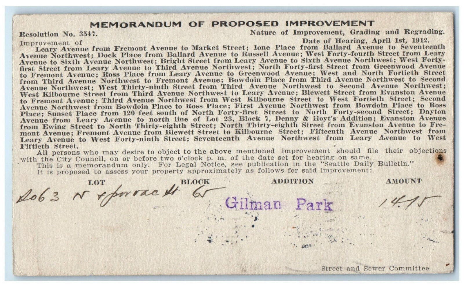 1912 Memorandum of Proposed Improvement Seattle Washington WA Postal Card