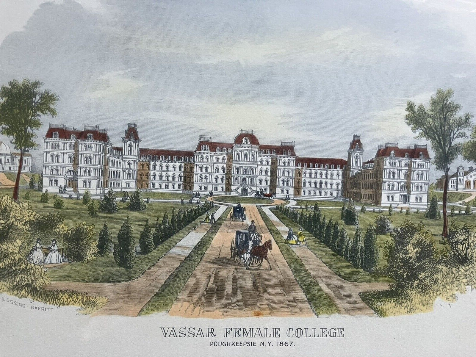 Vassar Female College Main Building 1867 Print Framed Antique Barritt Lossing