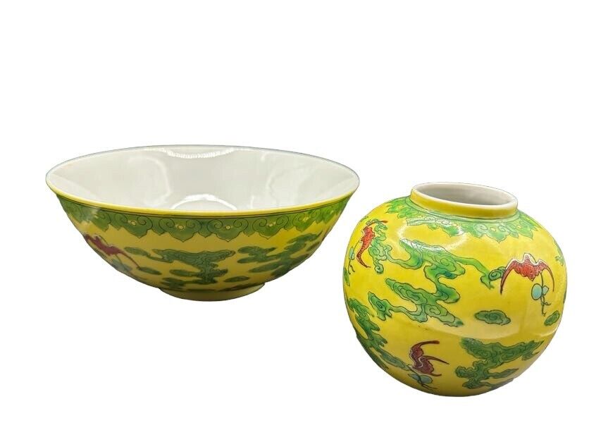 Vintate Canton Ware Hand Painted Bowl & Vase Porcelain Yellow/Green Chinese Art