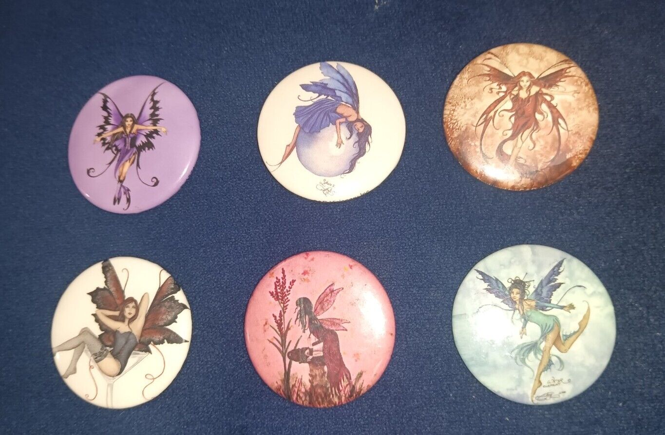 Set of 6 Vintage AMY BROWN Fairy Button Pins 1.5\
