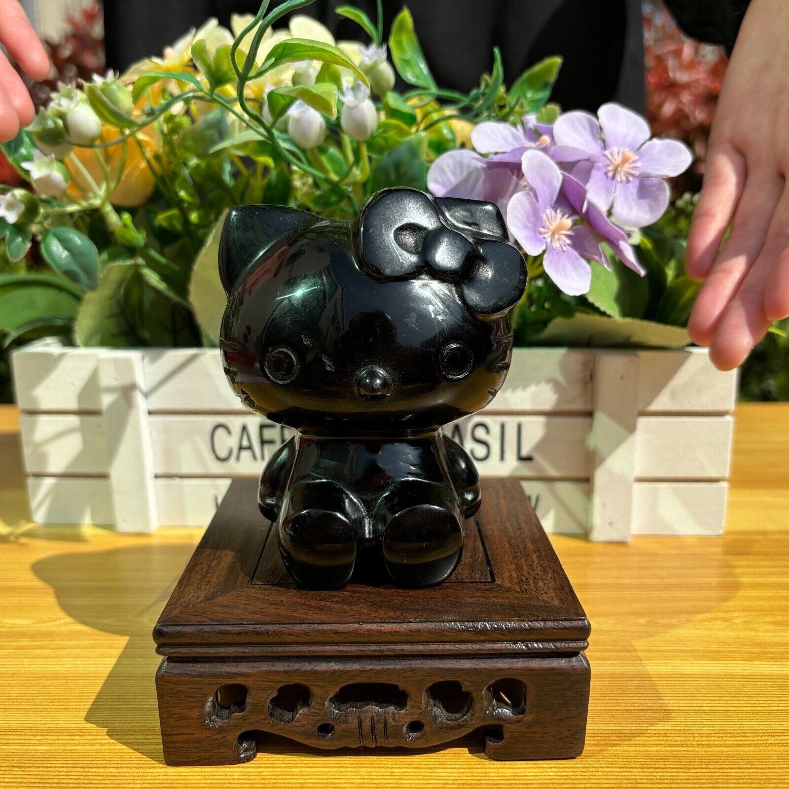 1.2LB 3.9\'\' Natural Black Obsidian Hello Kitty Quartz Figurine Crystal Healing