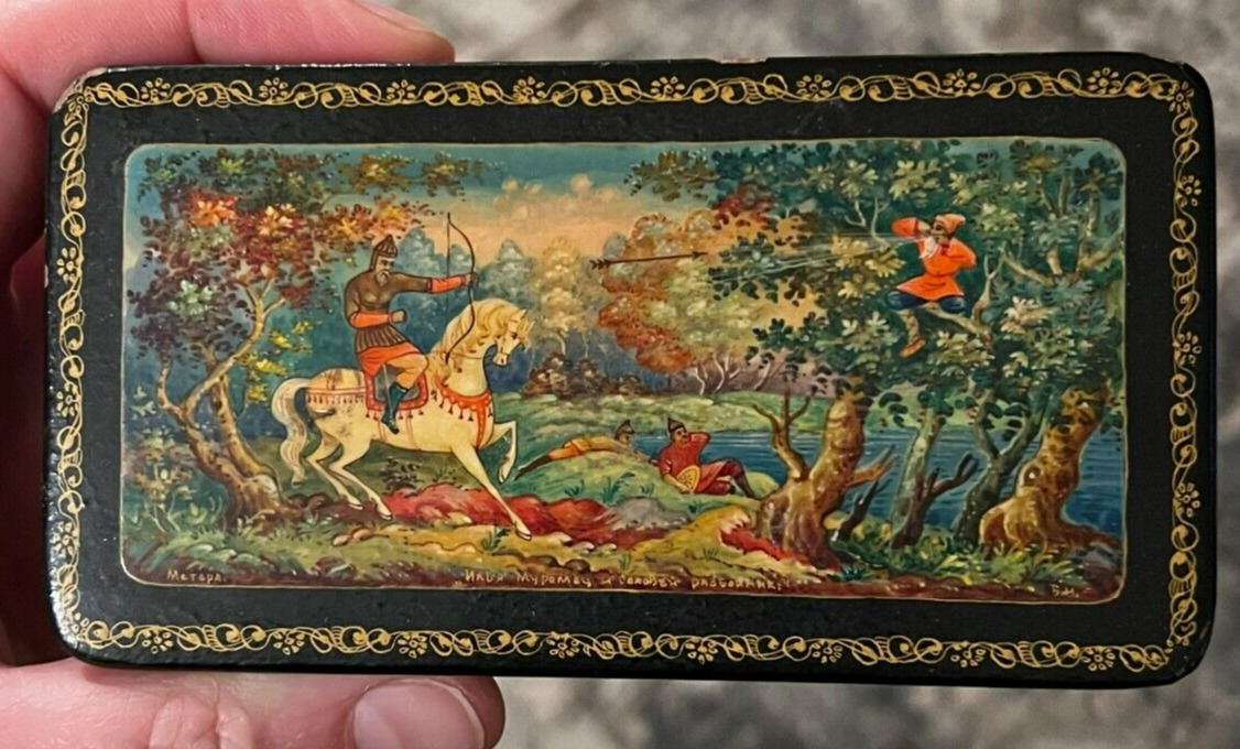 Russian Wooden Lacquer Box Lid Hand-Painted War Scene ~ Signed by Artist