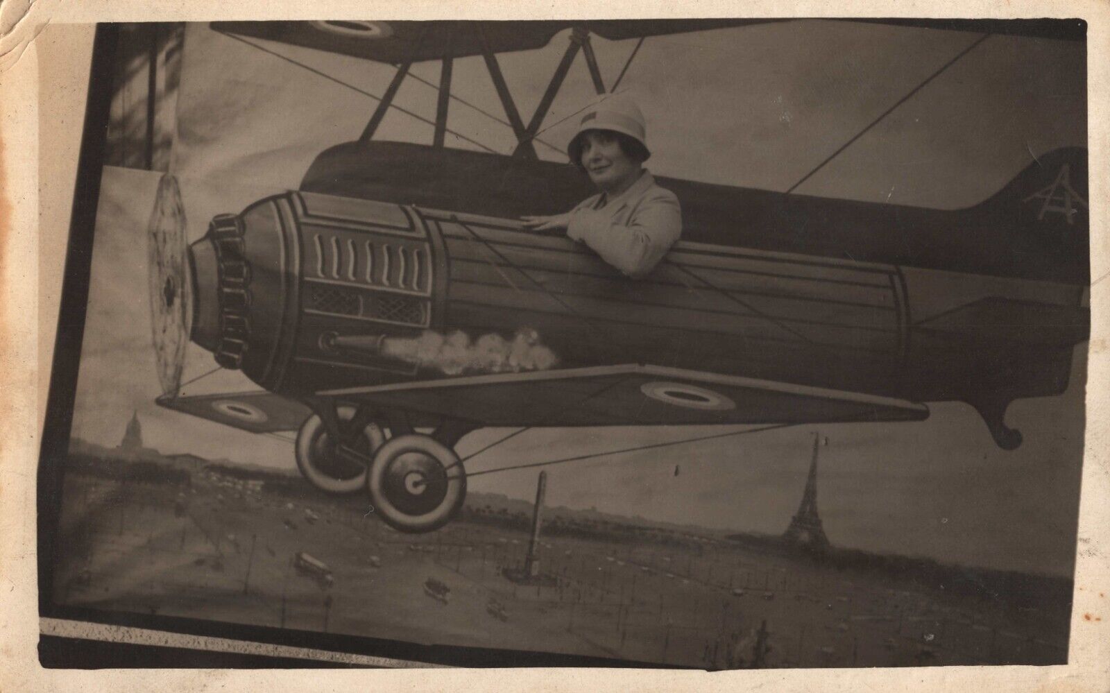 Woman Pilot Studio Pose Cardboard Airplane Bi-Plane Carte Postale RPPC Postcard