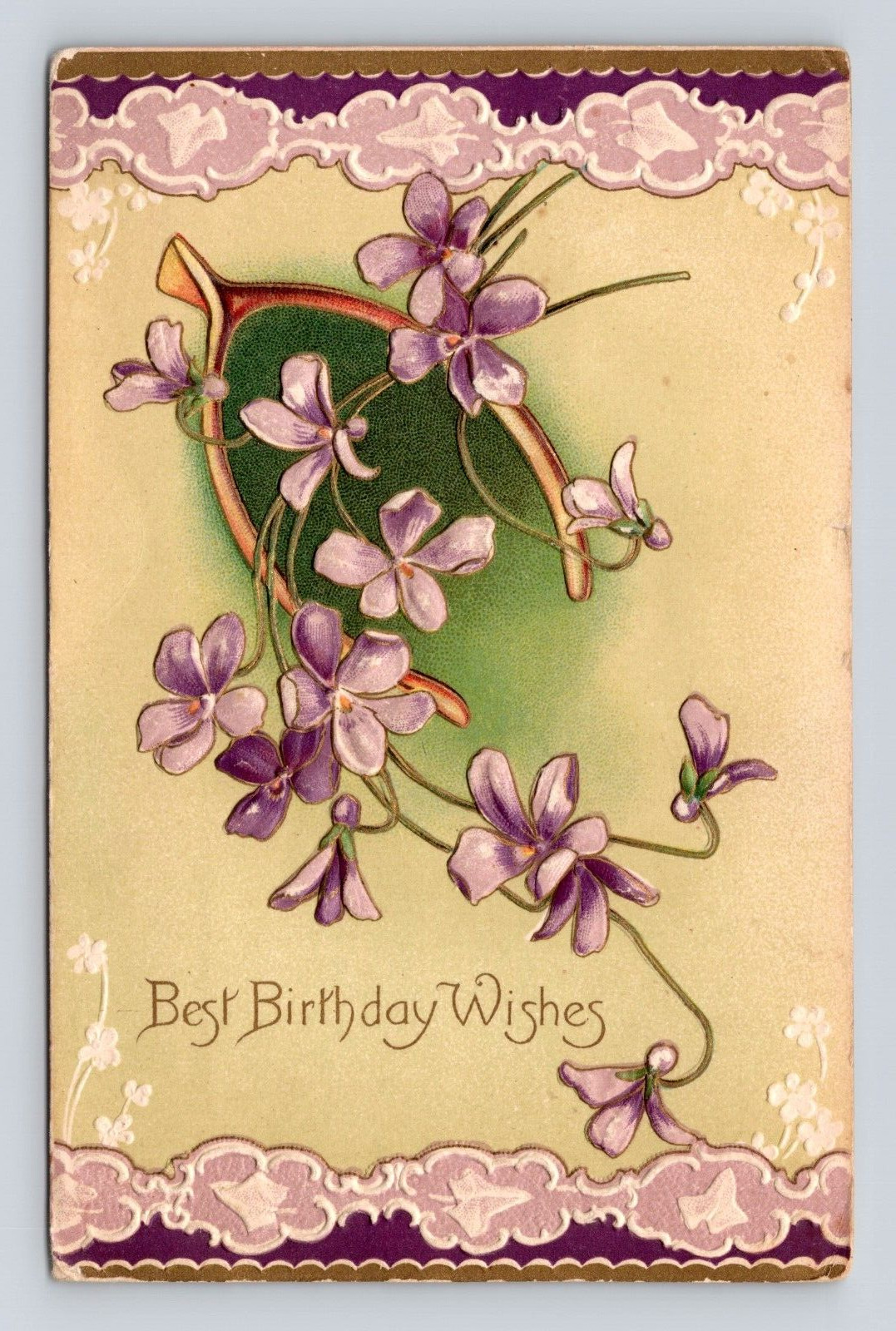 Antique Postcard Best Birthday Wishes Embossed Purple Flowers Stow MA 1909