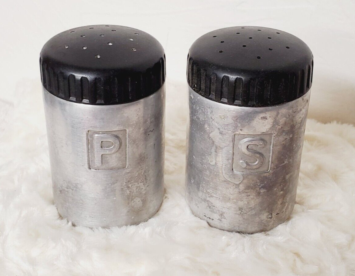 Set of 2 REED Aluminum Salt & Pepper Shakers w/ Black Lids 1940's Houston, Texas