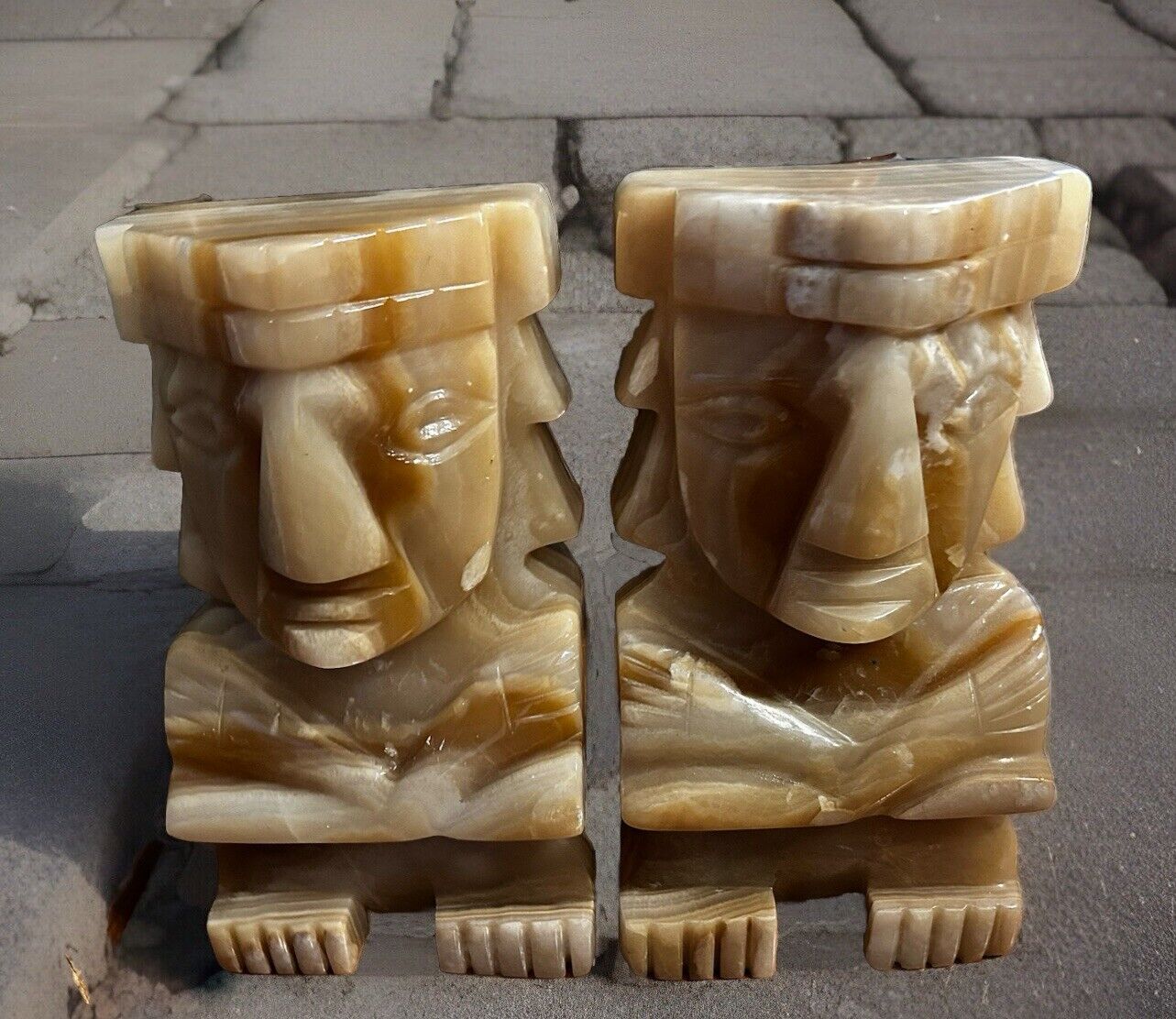 Vintage Tiki Totem Aztec Carved Onyx Mayan Stone Marble Bookends Very Heavy 12”