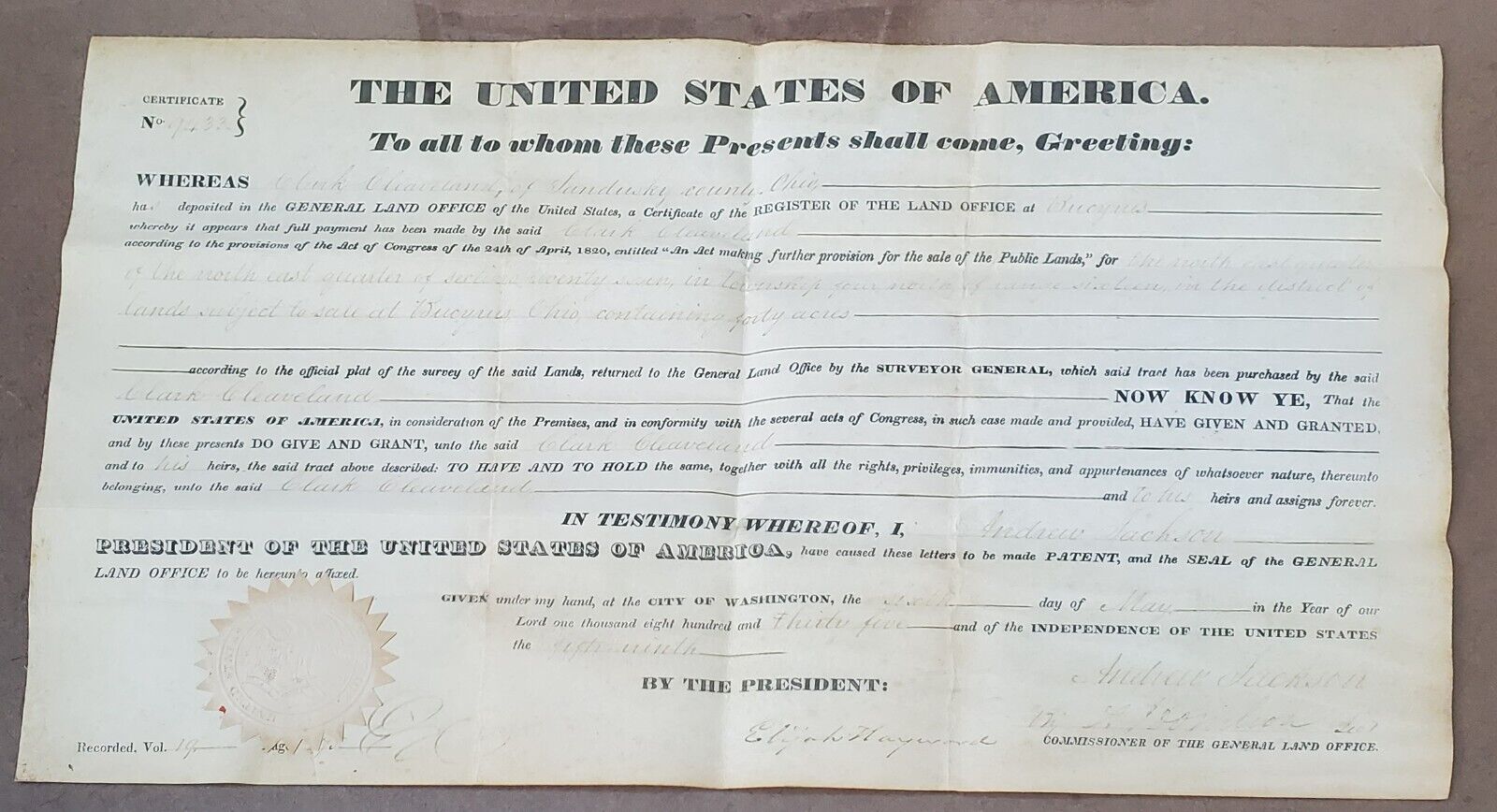 Andrew Jackson Ohio Land Grant Deed Signed by Secretary and Elijah Hayward 1835