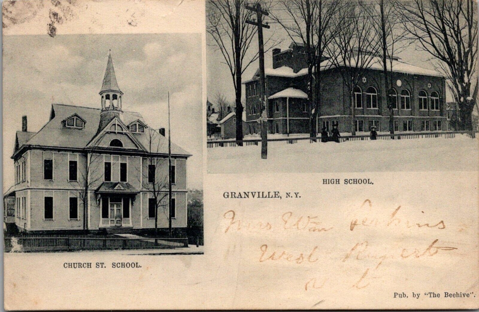 Postcard NY Granville, New York; Church St School & High School Adirondacks Ao