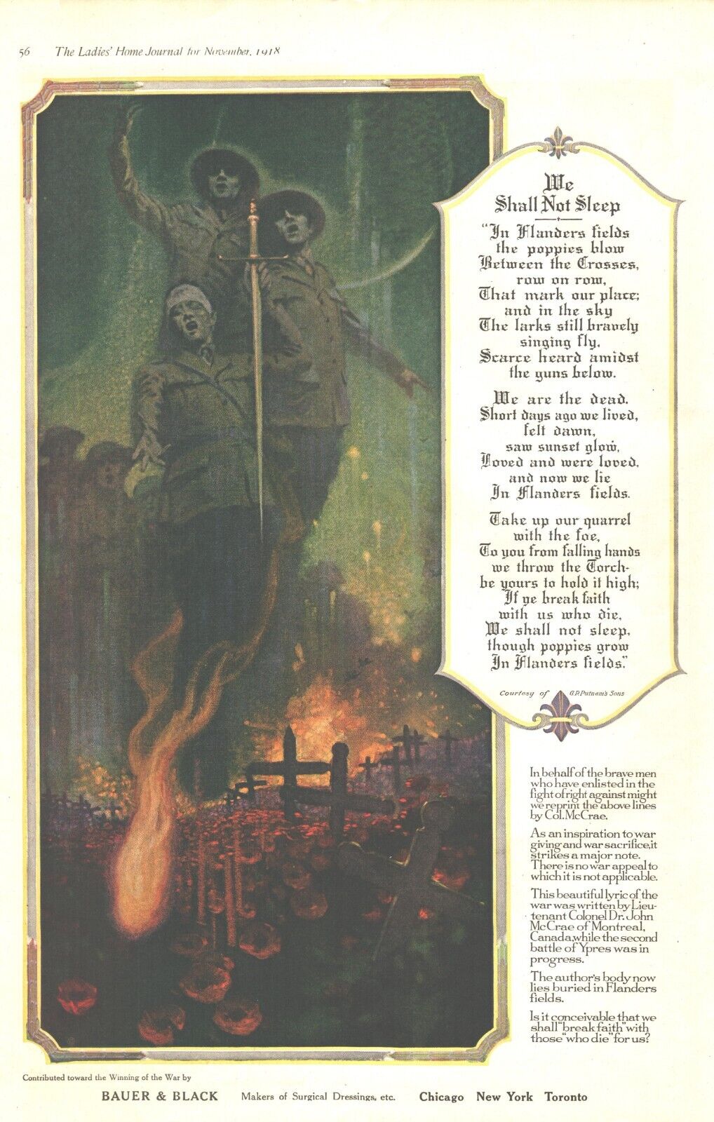1918 Antique Print WW1 Soldiers Spirits Flanders Fields Belgium Cross Graves