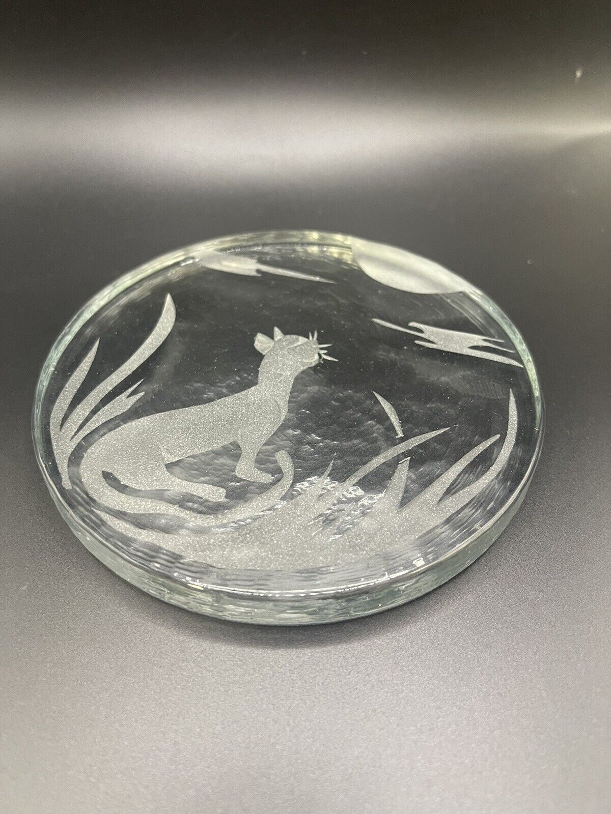 Vintage Art Glass Paperweight Etched Cat Kitten Unique Office Home Decor