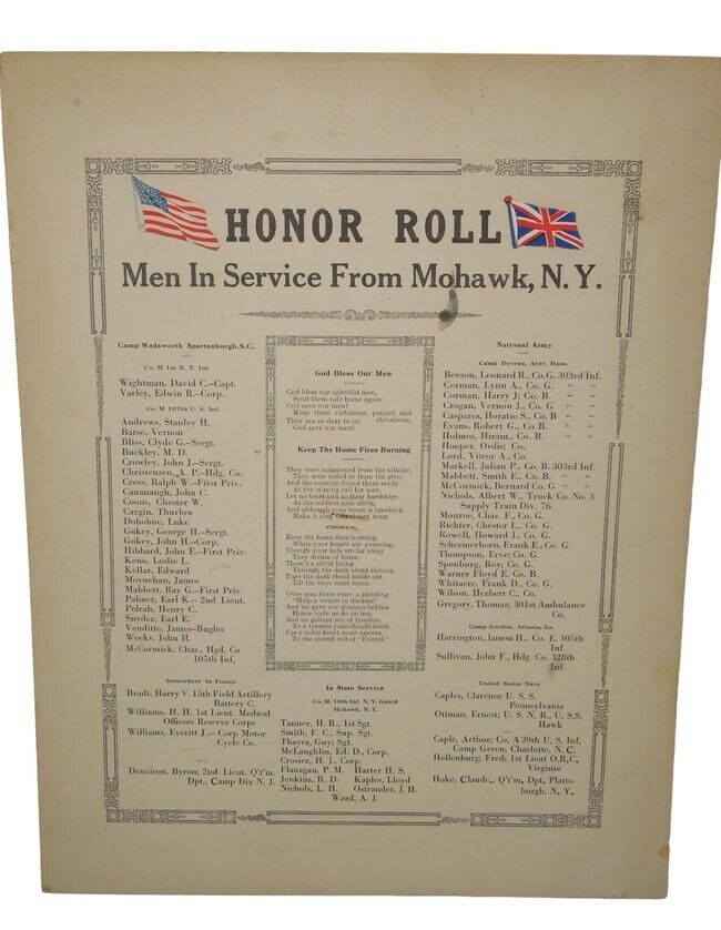 WWI Era US Army & Navy Men in Service Mohawk, NY Honor Roll 10th Infantry