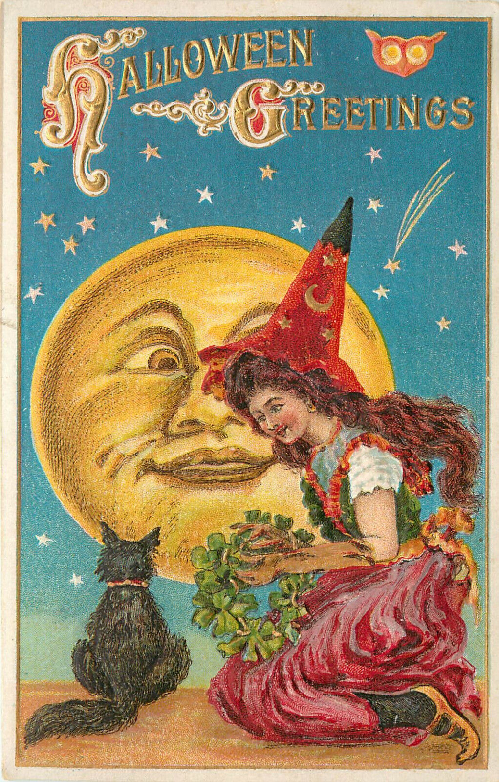 Embossed Postcard Halloween Witch Gives Black Cat a Wreath Giant Face in Moon