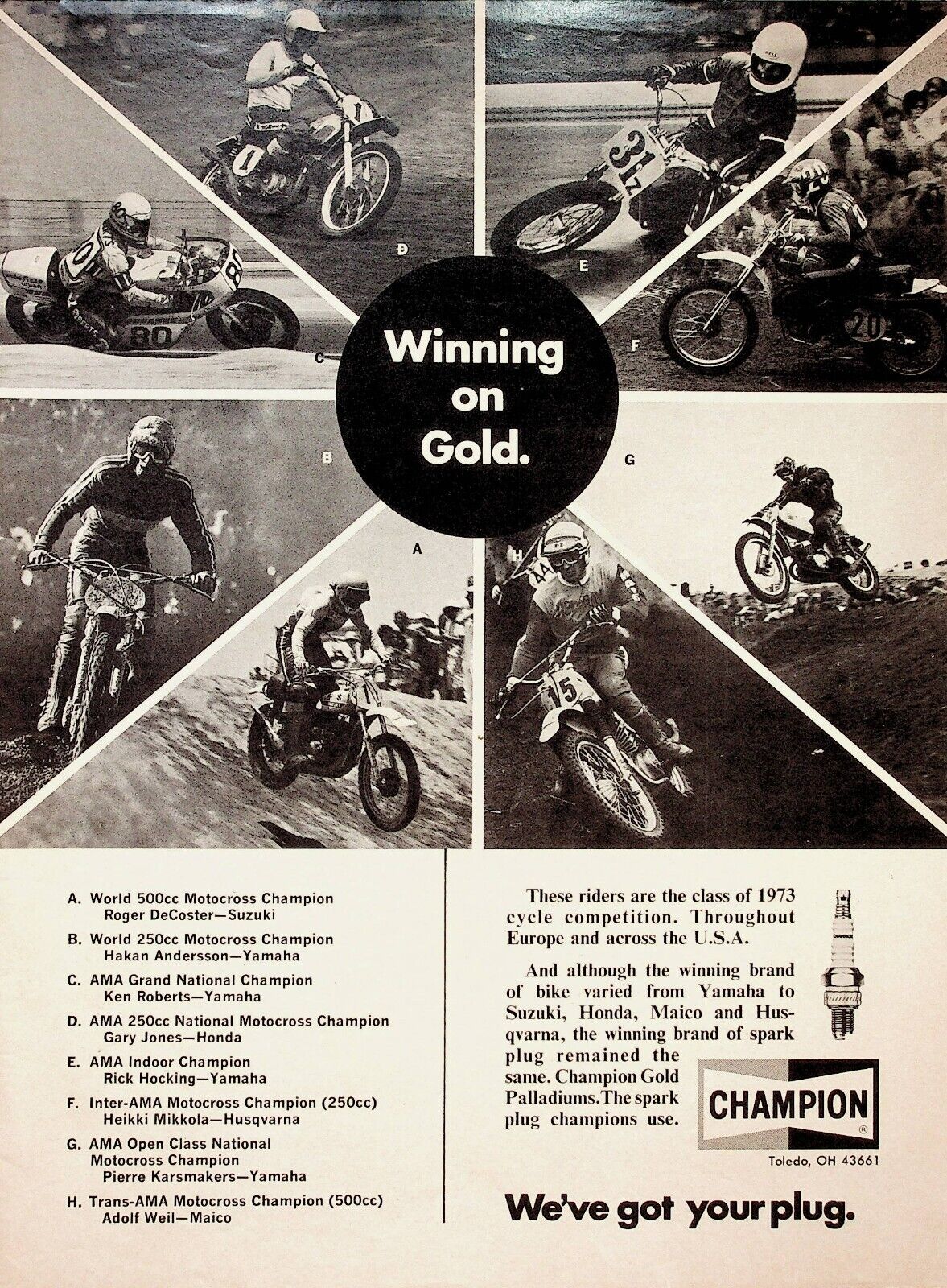 1973 DeCoster Roberts Mikkola Weil Champion Spark Plugs - Vintage Motorcycle Ad