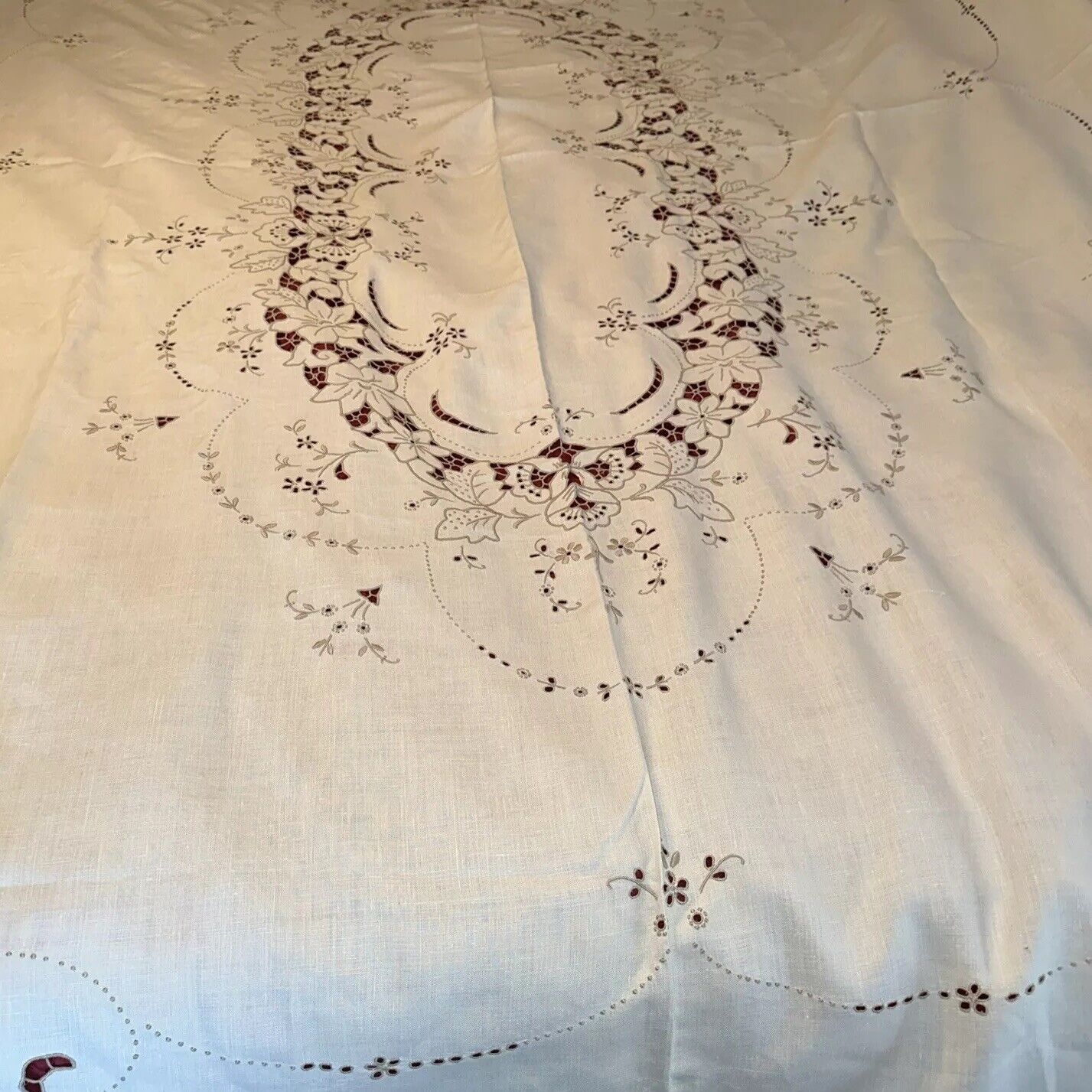 VINTAGE MADEIRA TABLECLOTH HAND EMBROIDERY CUTWORK LINEN LARGE BANQUET 99”x68”.