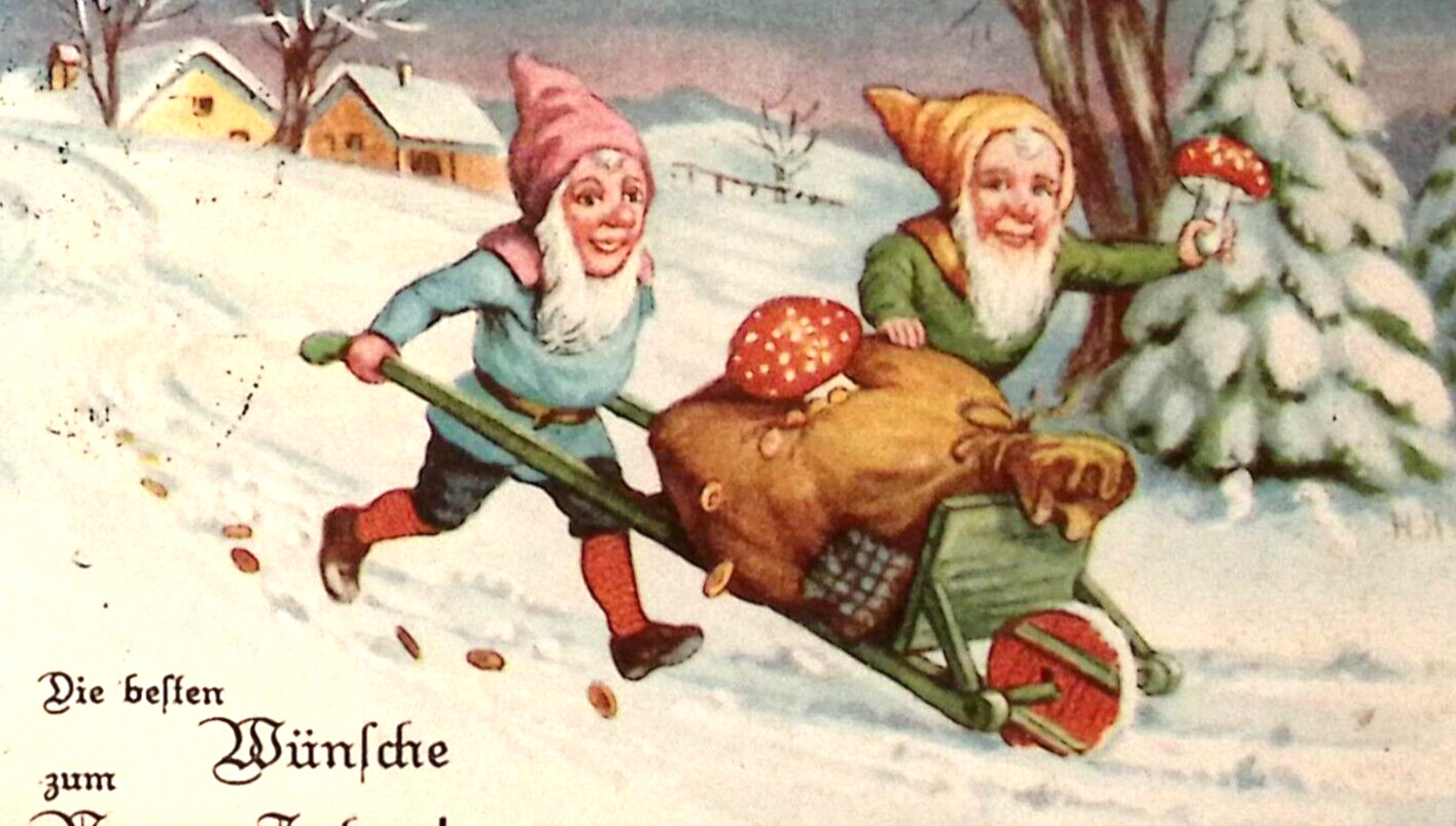 1934 GERMANY New Year Postcard Elf Gnome Wheelbarrow Gold Coins Red Toadstools