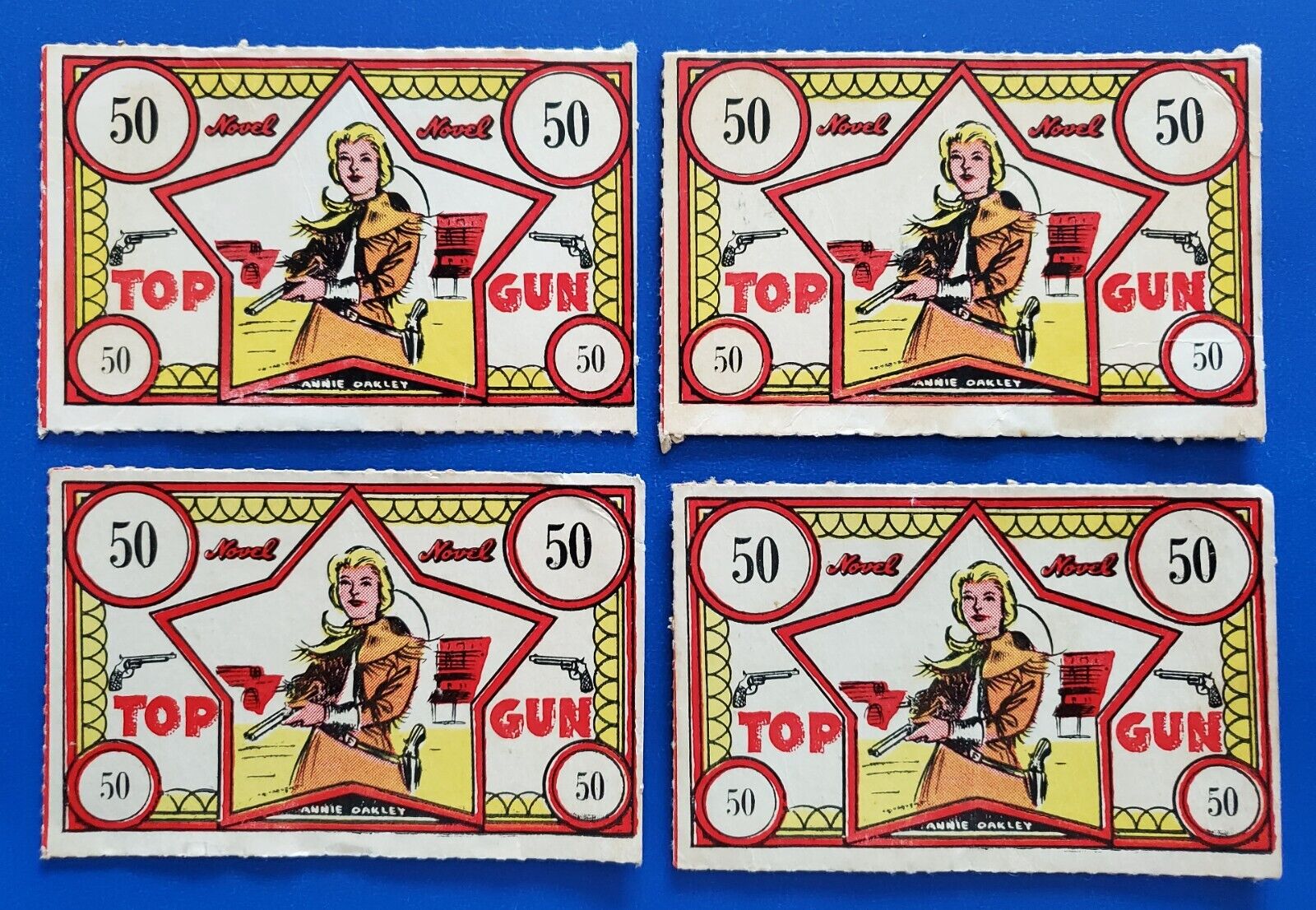 1950's Novel Top Gun Candy and Toy Box - Four (4) Annie Oakley Cards - 50 Points