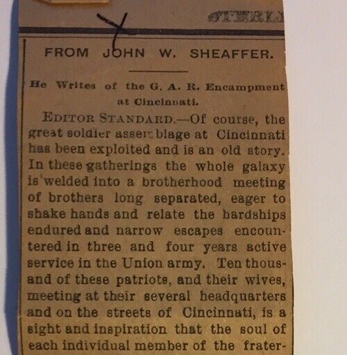 1898 GAR Gathering In Cincinnati Civil War Newspaper Article By JW Sheaffer B7