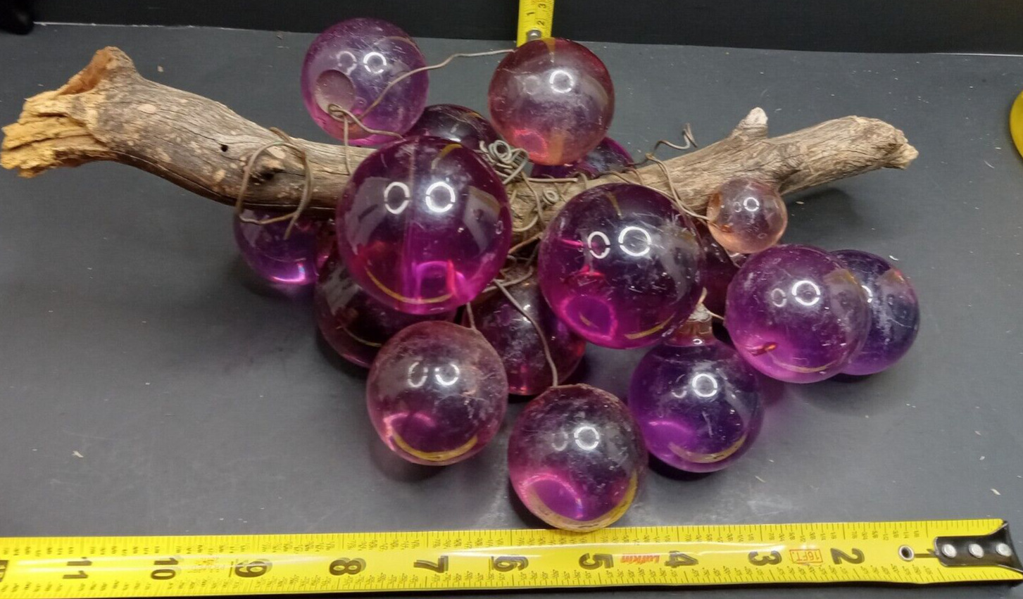 MCM Vintage 12” glass Grapes Large Cluster Purple on Wood Stem  20? Balls Pics