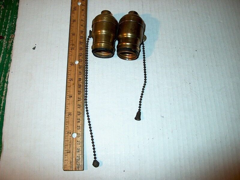 2 ANTIQUE HUBBELL PULL CHAIN SOCKETS-ONE IS A 1902 HARVEY HUBBELL-NICE PATINA