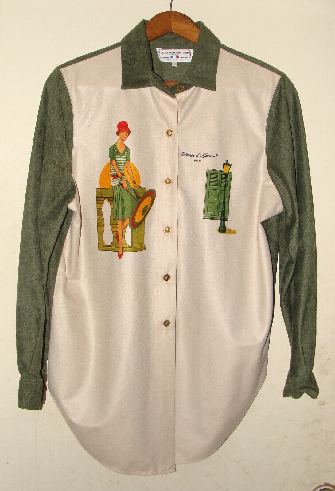 Vintage Defense D\'Afficher Paris Dress Shirt w Deco Flapper Girl French Souvenir