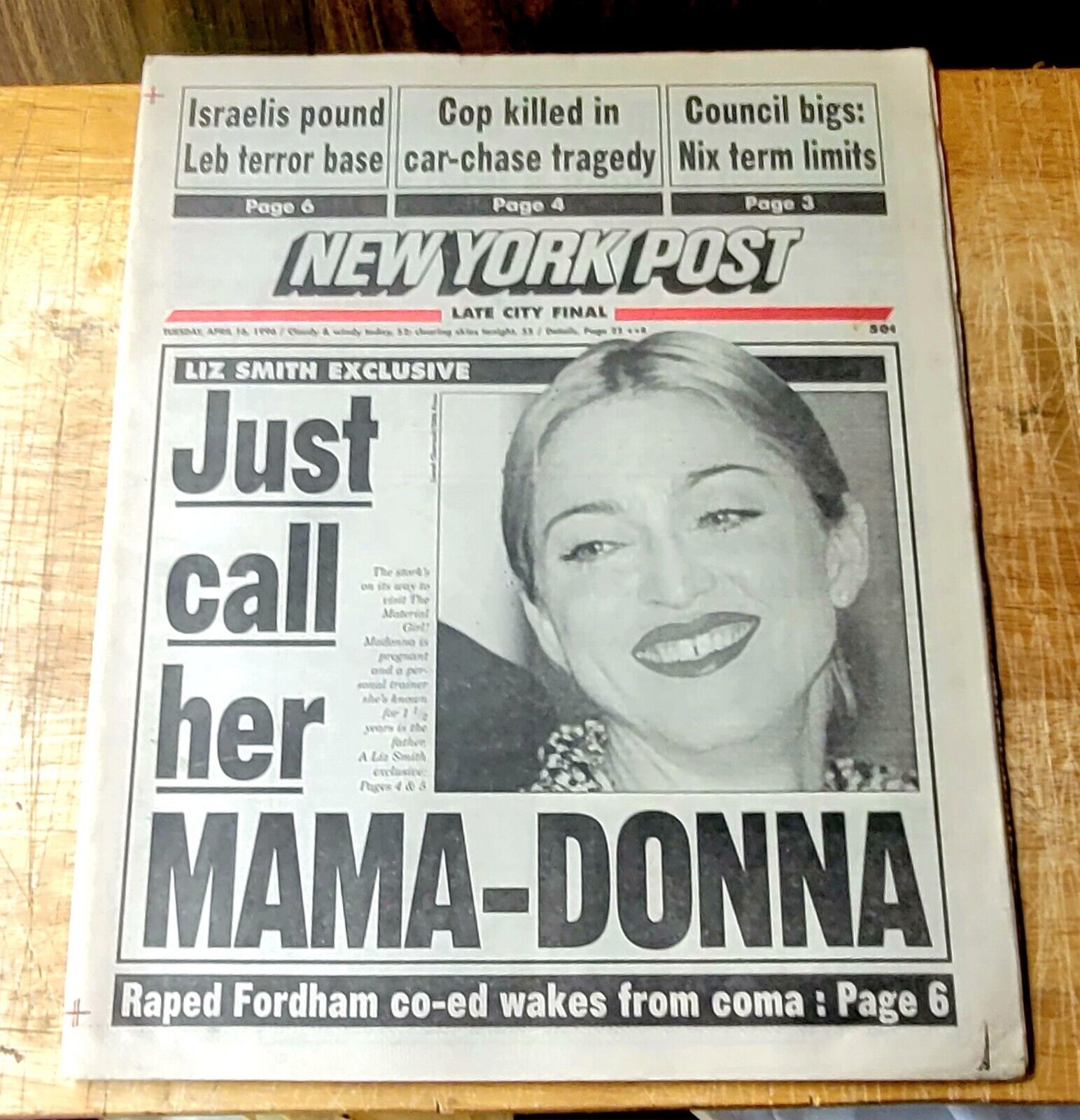 Madonna Pregnancy Ny Post Full Newspaper 4/16/96 Excellent Condition