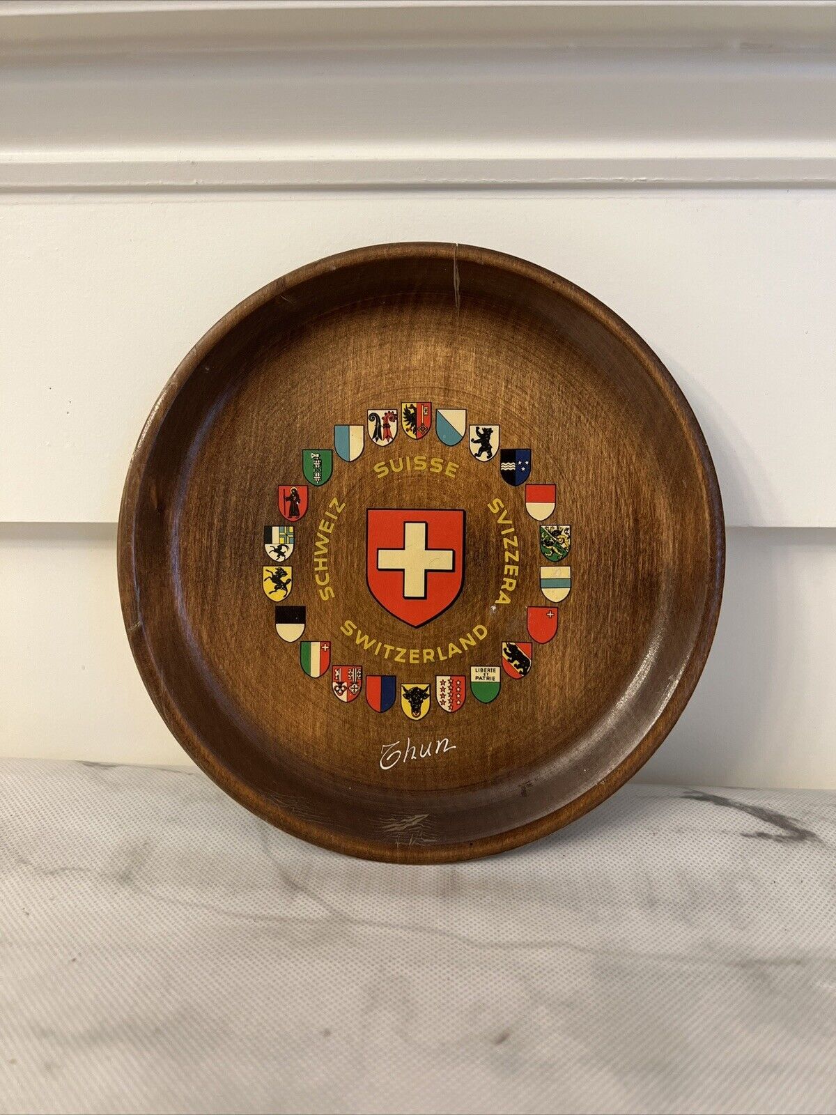 Vintage Small Switzerland Wooden Plate Coat of Arms Shield