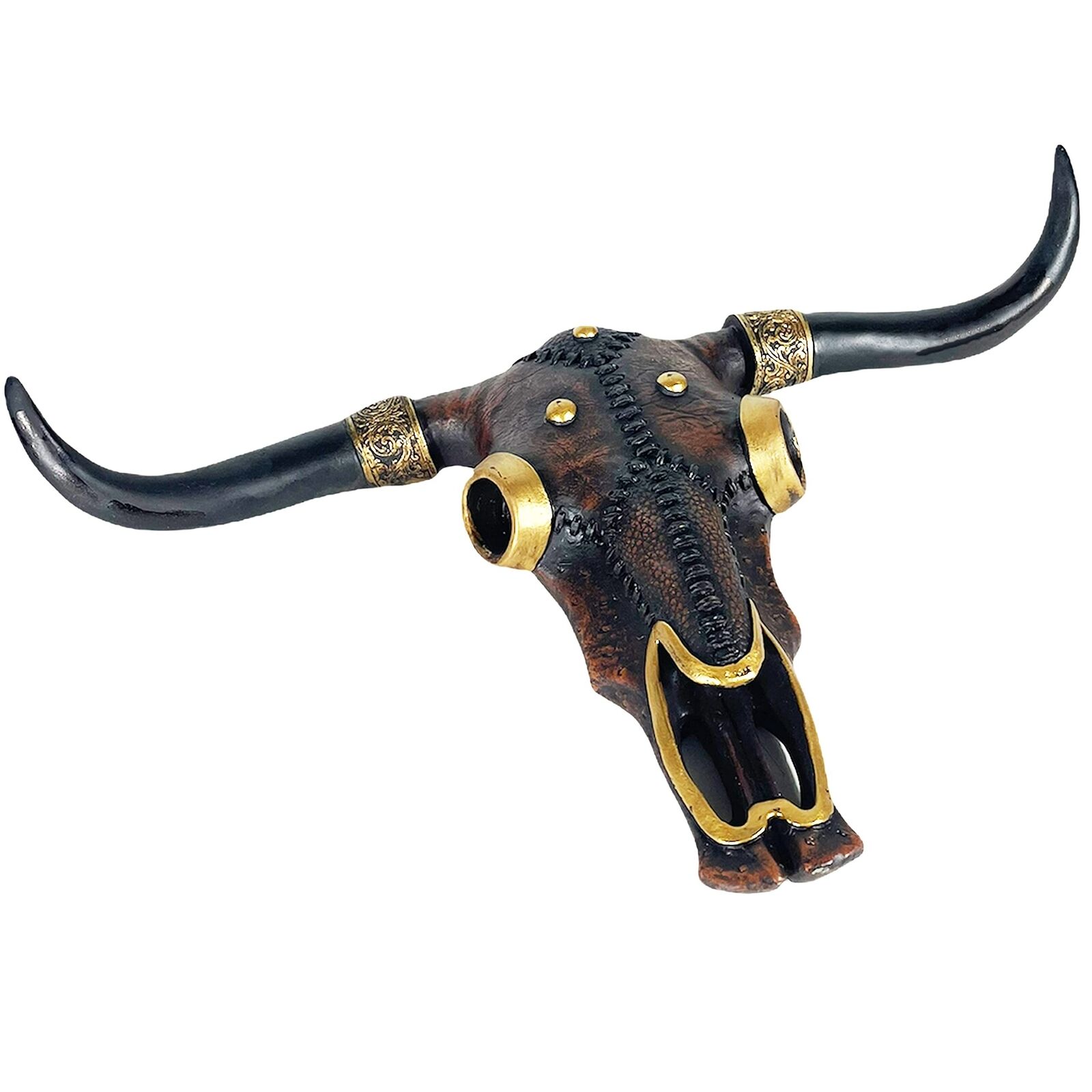 Urbalabs Western Brown & Gold Patchwork Longhorn Cow Skull and Horns Sculptur...