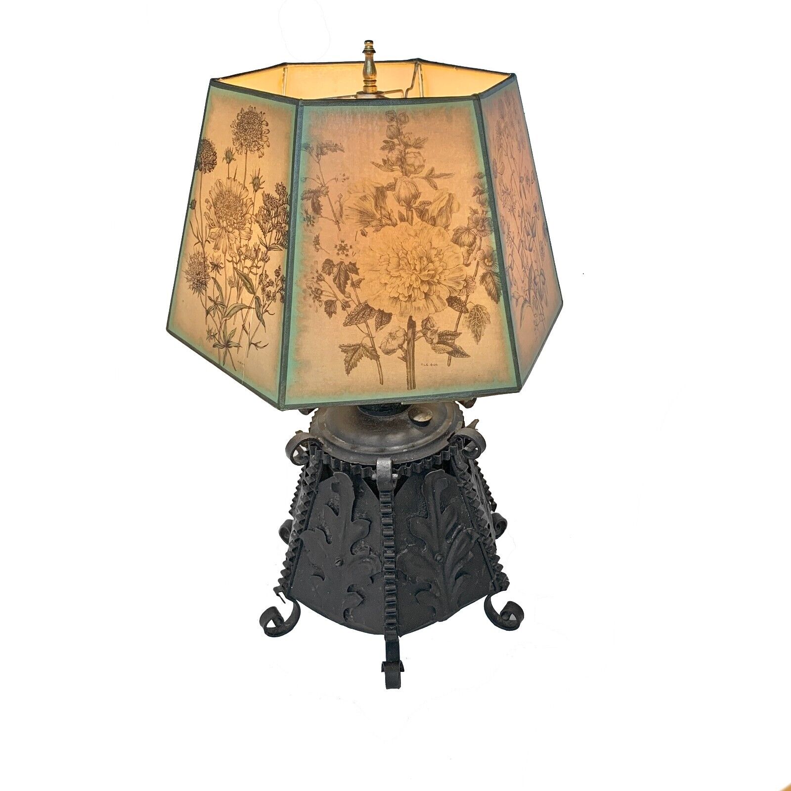 Antique Arts and Crafts Table Lamp Electrified Six Sided Floral Botanical Shade
