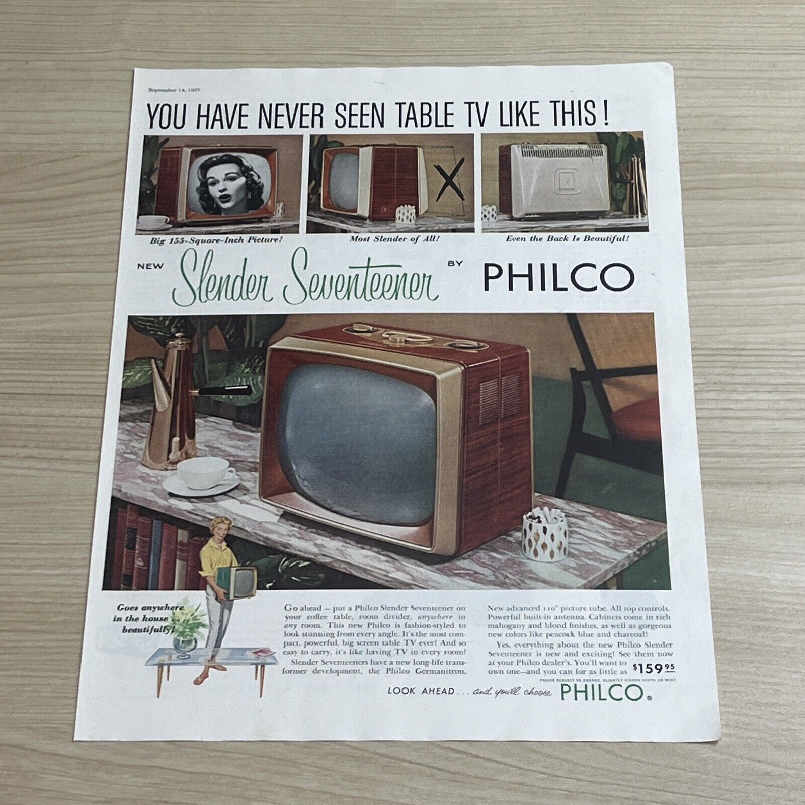 Slender Seventeener Philco Television TV Set 1957 Vintage Print Ad