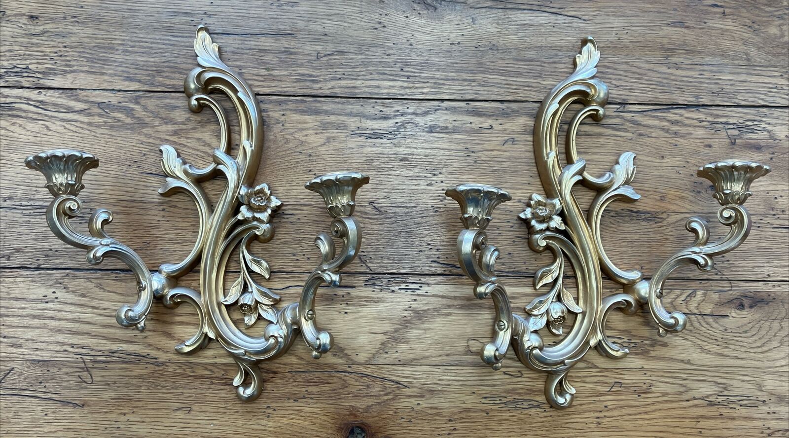 VTG Syroco Gold Double Candle Holder Wall Sconce Hollywood Regency MCM Set Of 2