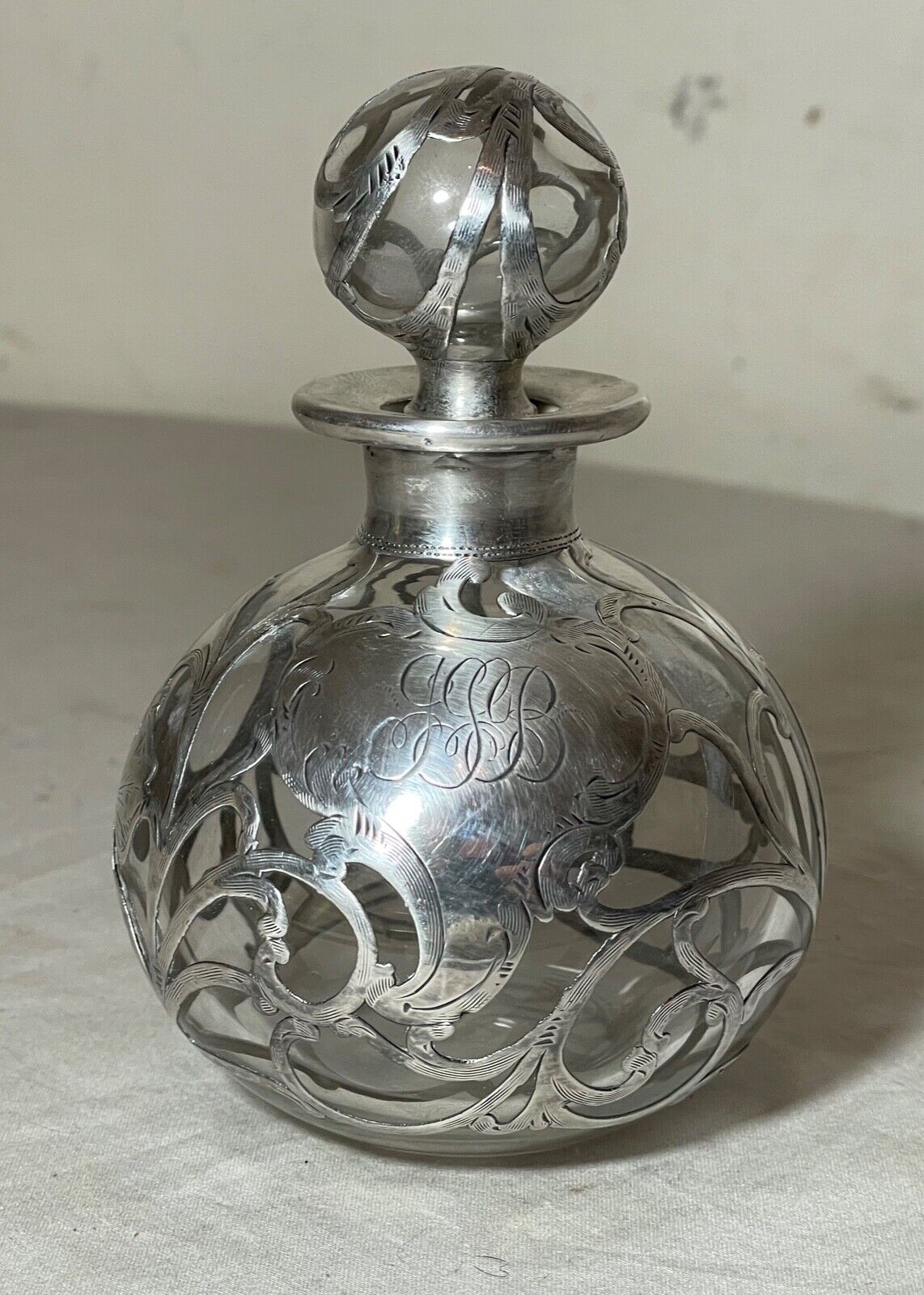 antique 1000 fine sterling silver overlay perfume scent cologne bottle jar