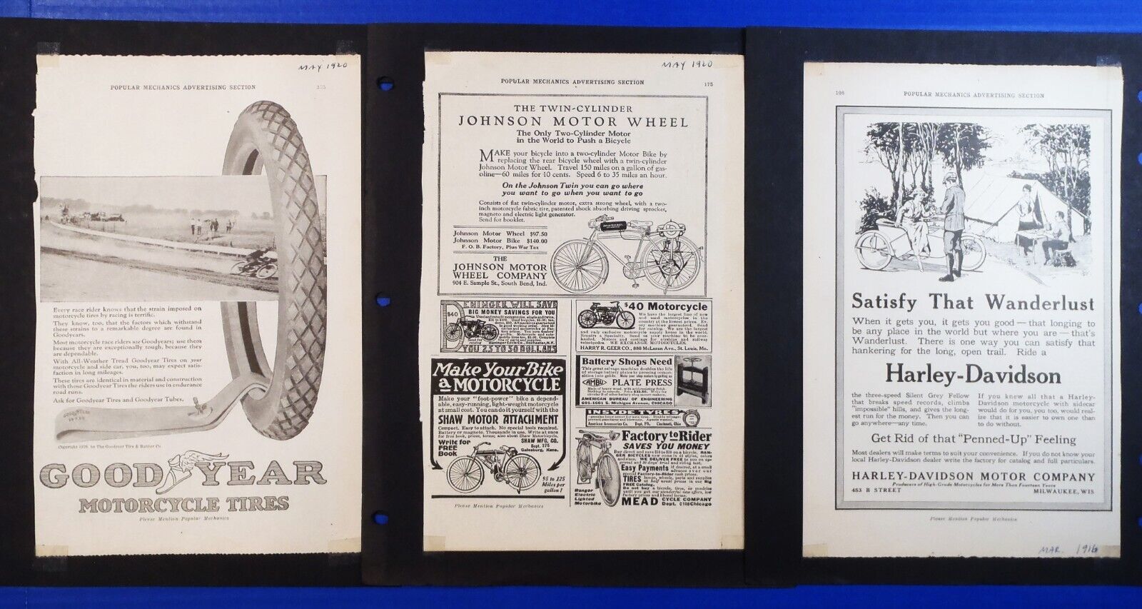 1920 Goodyear, Harley-Davidson & Cleveland Motorcycle, Johnson Motor Wheel Ads