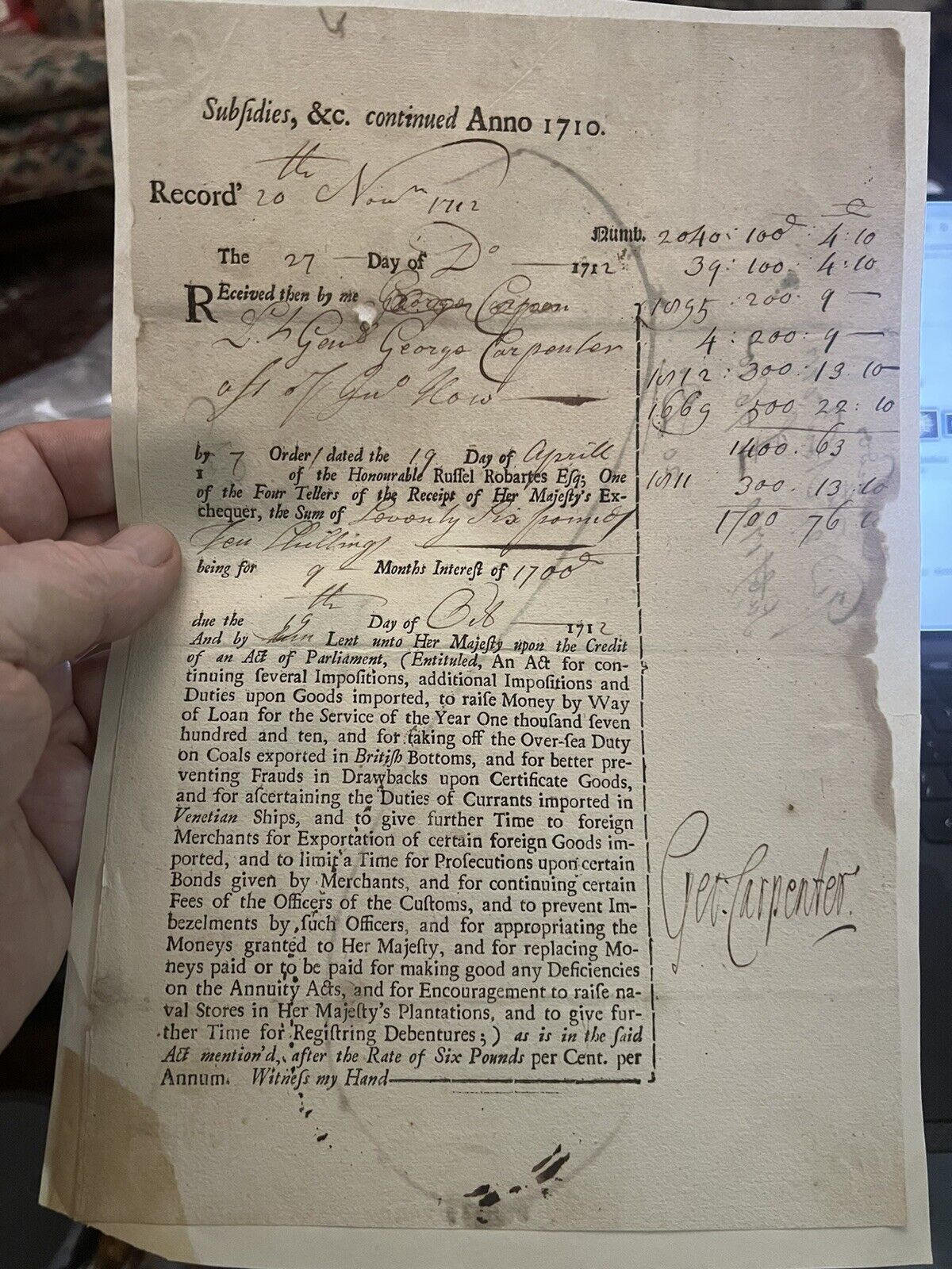 Autographed 1720 British Tax Exchequer Receipt Coal Tax George Carpenter