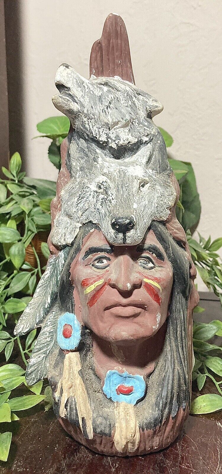 INDIAN CHIEF WOLVES Ceramic Native American Statue Figurine 11\