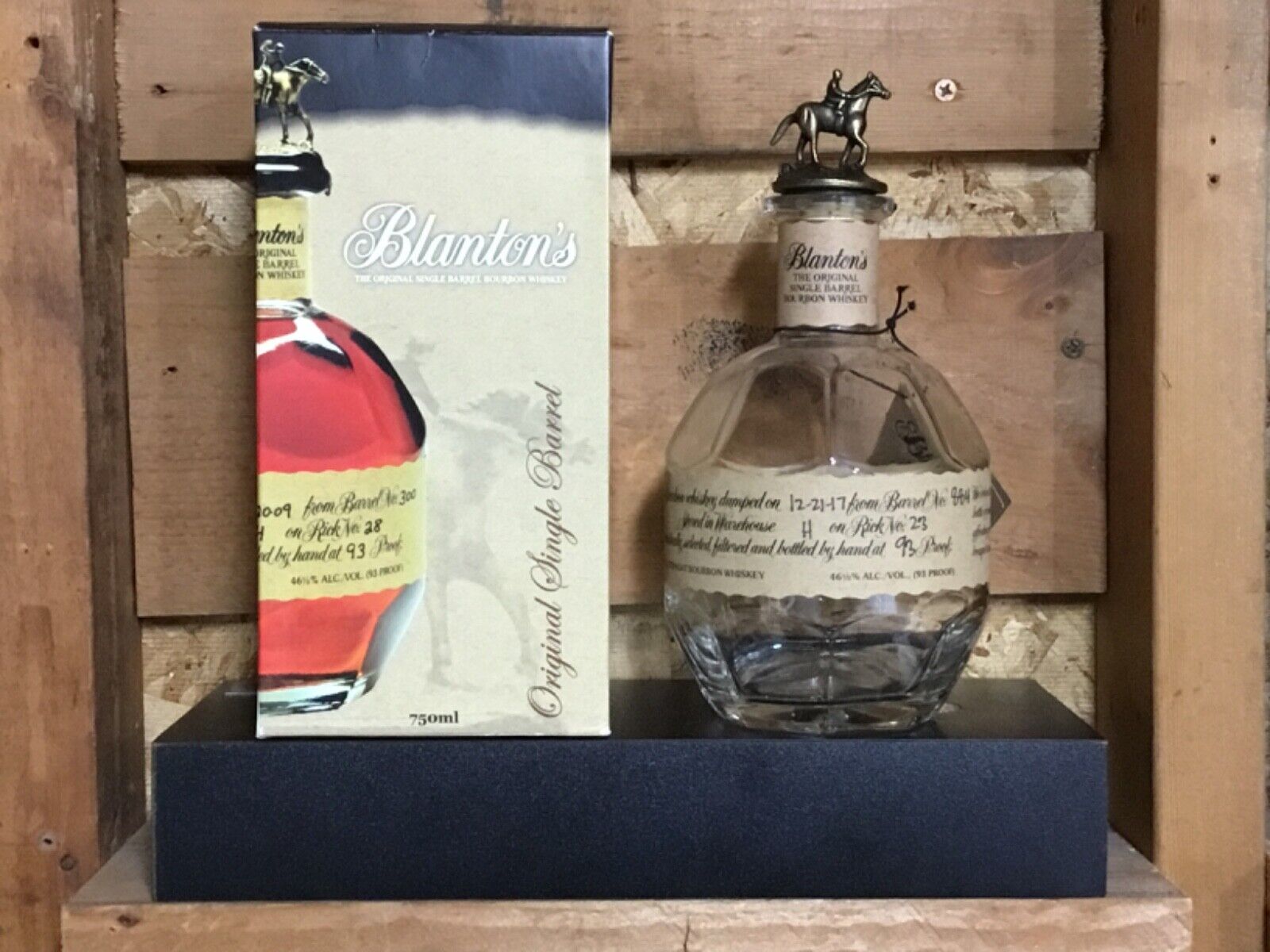 Empty 2017 Blanton’s Kentucky bourbon whiskey bottle, box and bag