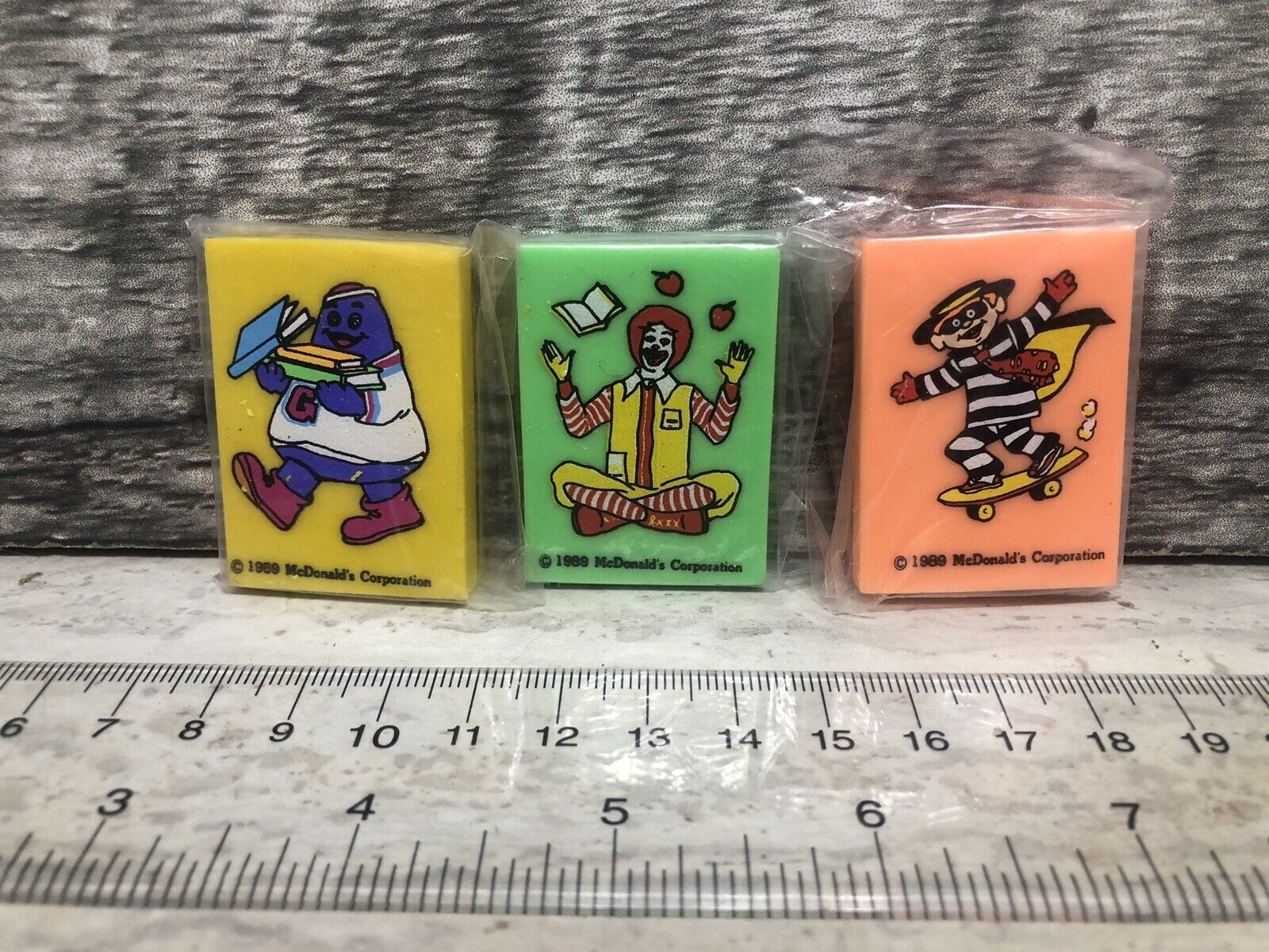 3 Vintage McDonalds 1989 Erasers. In original packaging.