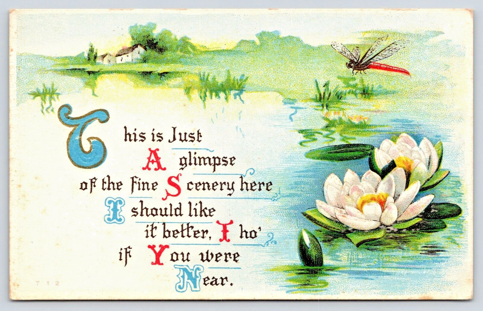 Postcard Embossed Greeting Poem Missing You Lily Pads on Water A12