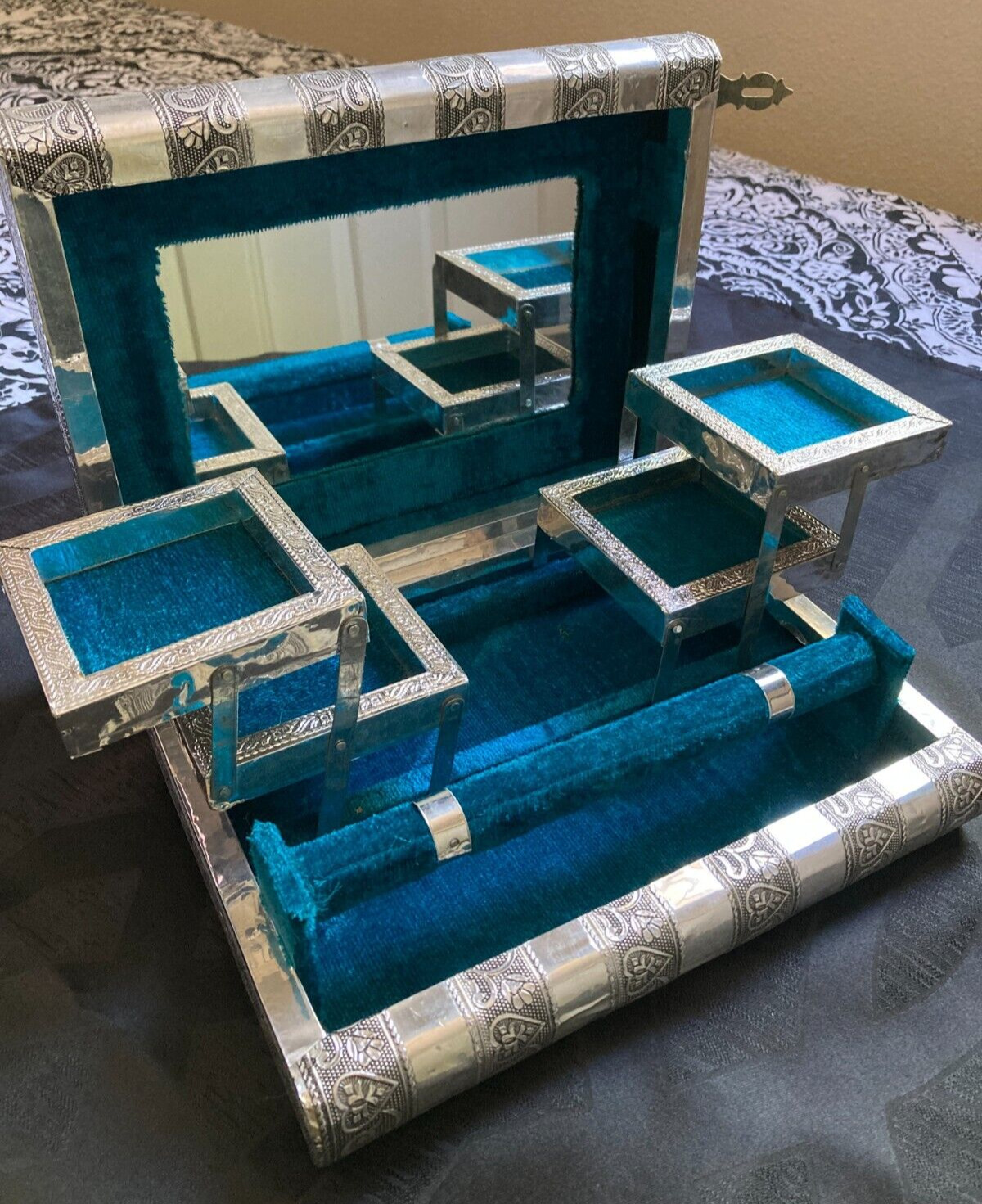 Silver Foil Wrapped Heart Stamped Turquoise Jewelry Box Made in India