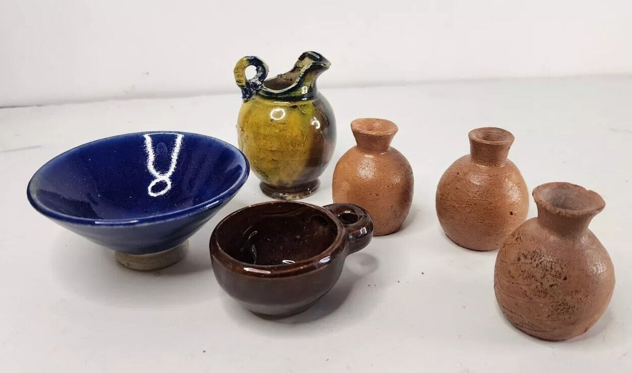 Vintage Miniature Mini LOT OF 6 Ceramic Pottery Clay Jugs,  bowls Whitefish, Mex