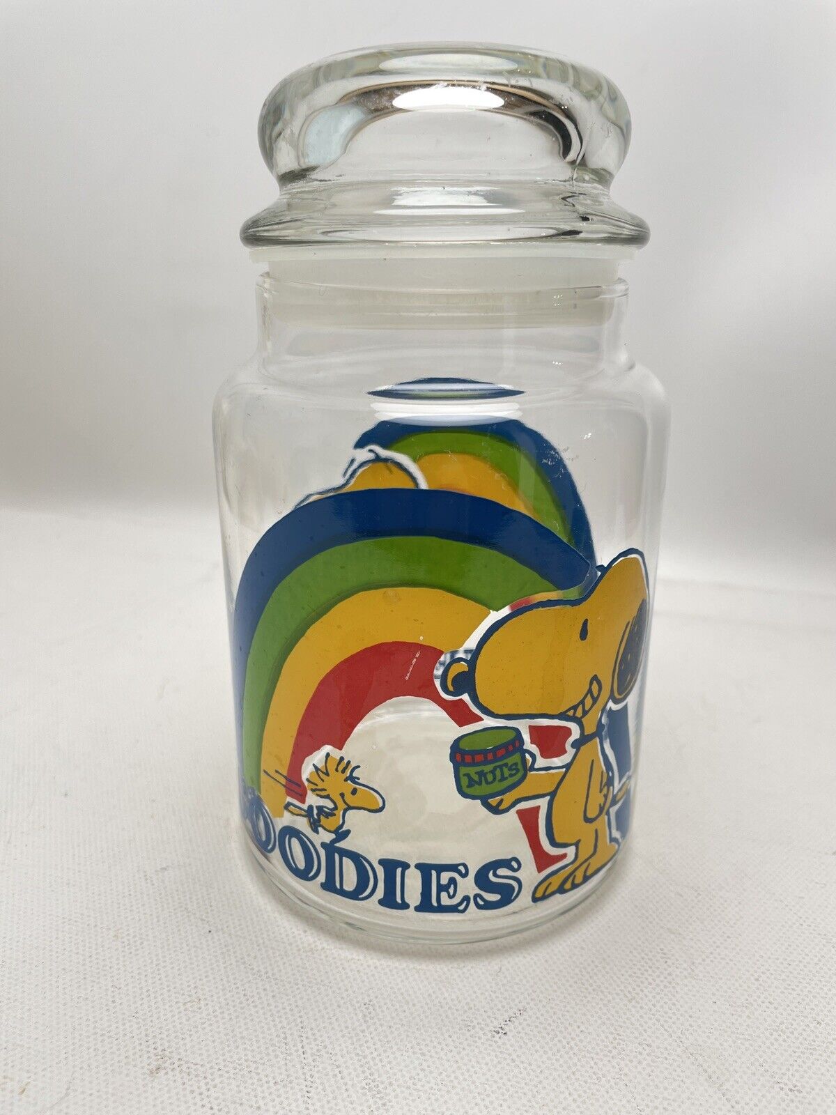 Peanuts Snoopy w/ Woodstock Rainbow Goodies Jar 7” Canister & Lid ~Vintage (A)