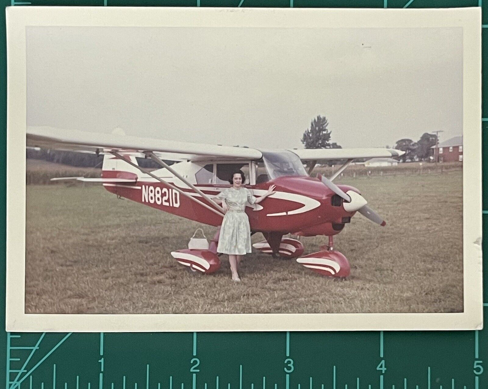 Vintage Photo Color Snapshot Pretty Lady Woman Standing Next To Red Plane 1963