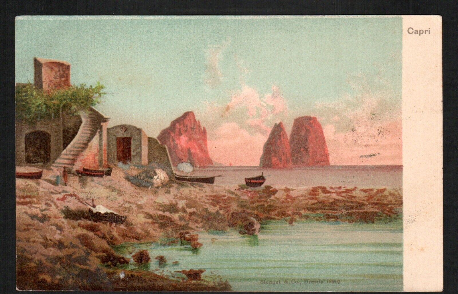 Old Postcard Capri Italy Houses Villa Row Boats  Beach