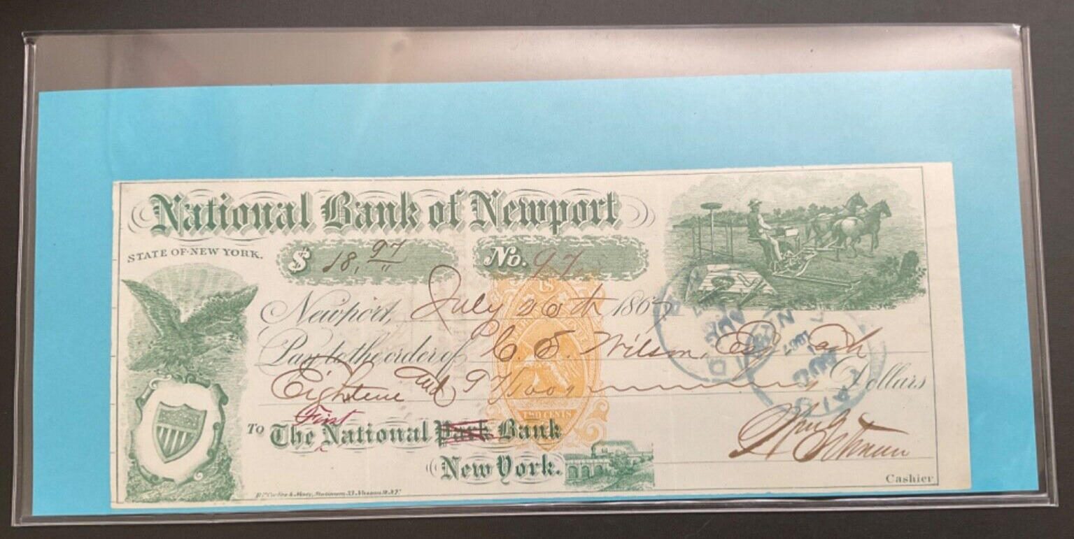 Newport New York 1867 National Bank Of New York Check $18.97