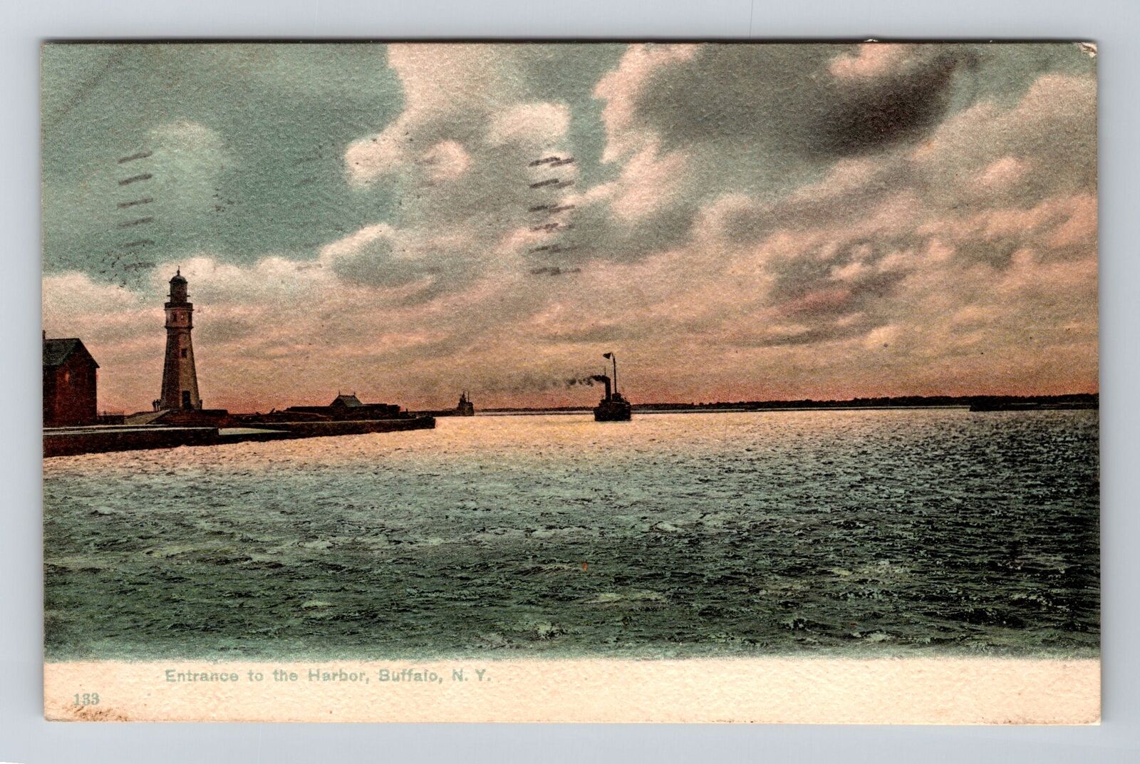 Buffalo NY-New York, Entrance to Harbor, Lighthouse, c1909 Vintage Postcard