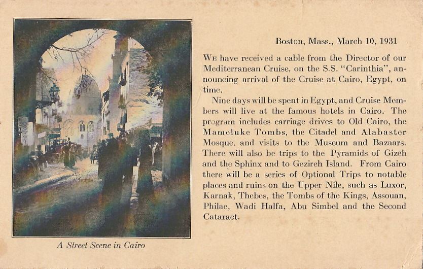  Postcard Cruise Arrival Ship SS Carinthia Cairo Egypt March 10 1931