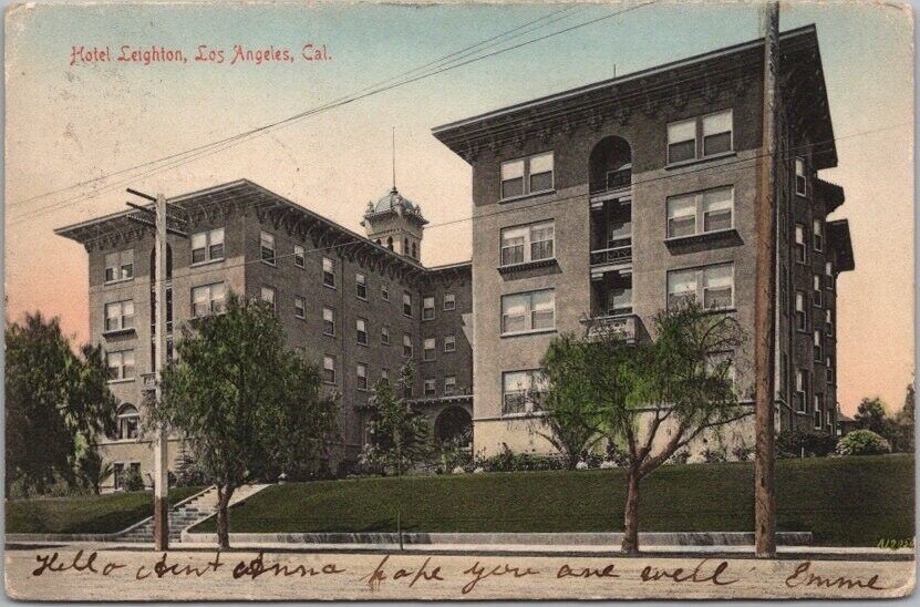1906 Los Angeles, California HAND-COLORED Postcard HOTEL LEIGHTON Street View
