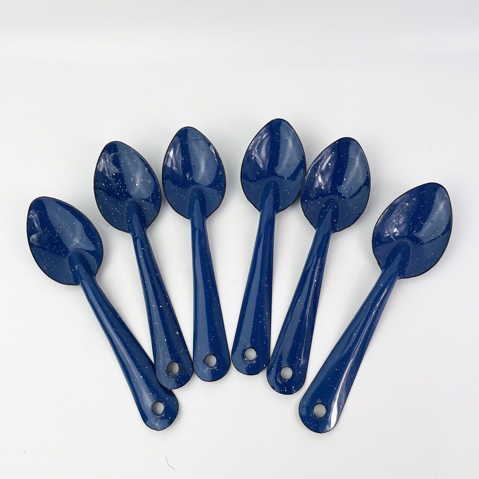 Lot Of 6 Vintage Blue & White Speckled Enamel Spoons Enamelware Camping 6\